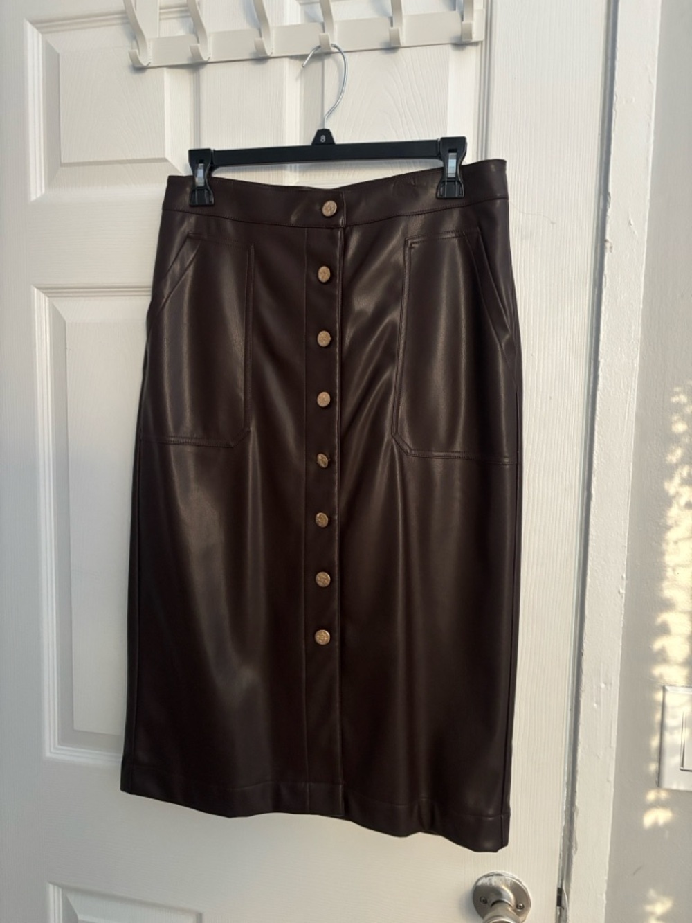 Classic Faux Leather Button-Front Pencil Skirt - Dark Brown